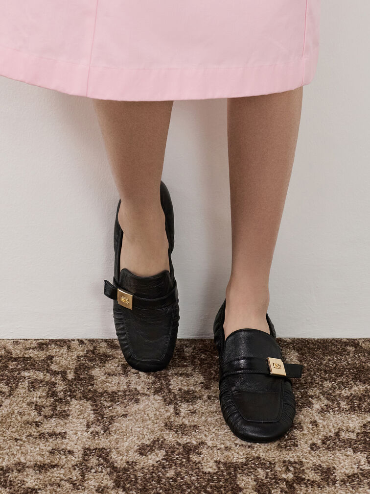 Cody Leather Metallic-Buckle Ruched Loafers, Black, hi-res