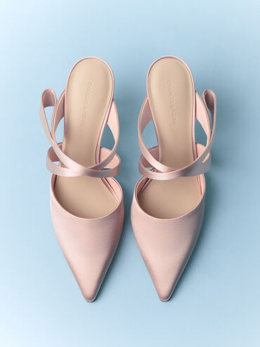 Satin Pleated-Strap Heeled Mules, Pink, hi-res