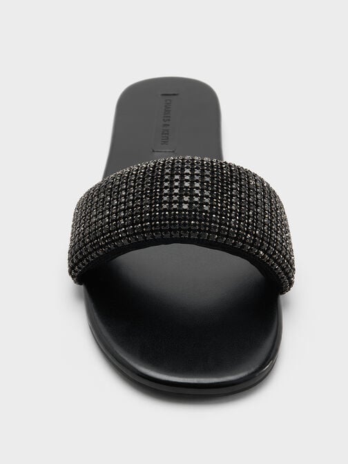 Faux Suede Crystal-Embellished Slide Sandals, Black Textured, hi-res