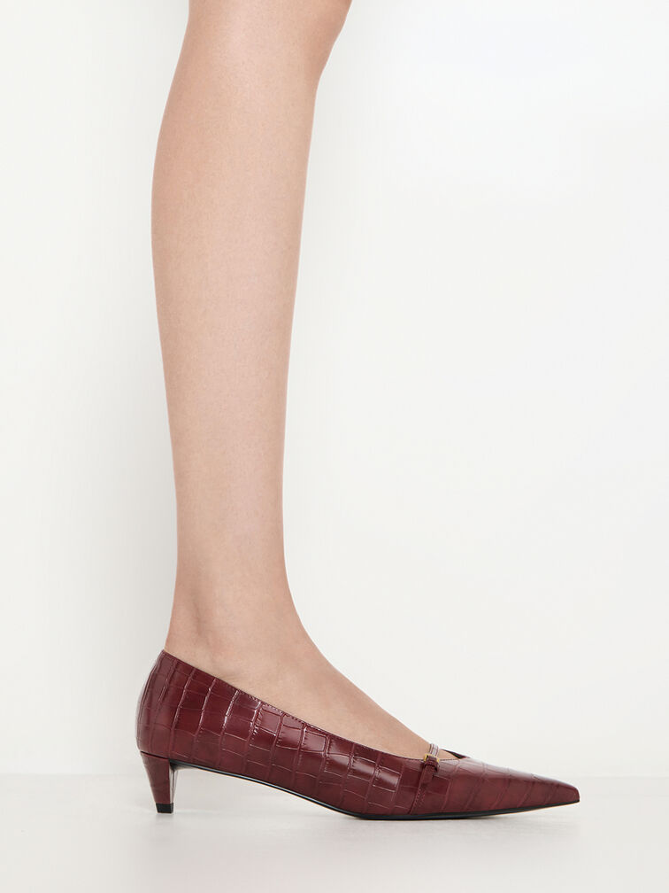 Croc-Effect Buckled Pointed-Toe Kitten-Heel Pumps, Animal Print Red, hi-res