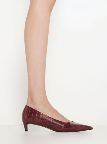 Croc-Effect Buckled Pointed-Toe Kitten-Heel Pumps, Animal Print Red, hi-res