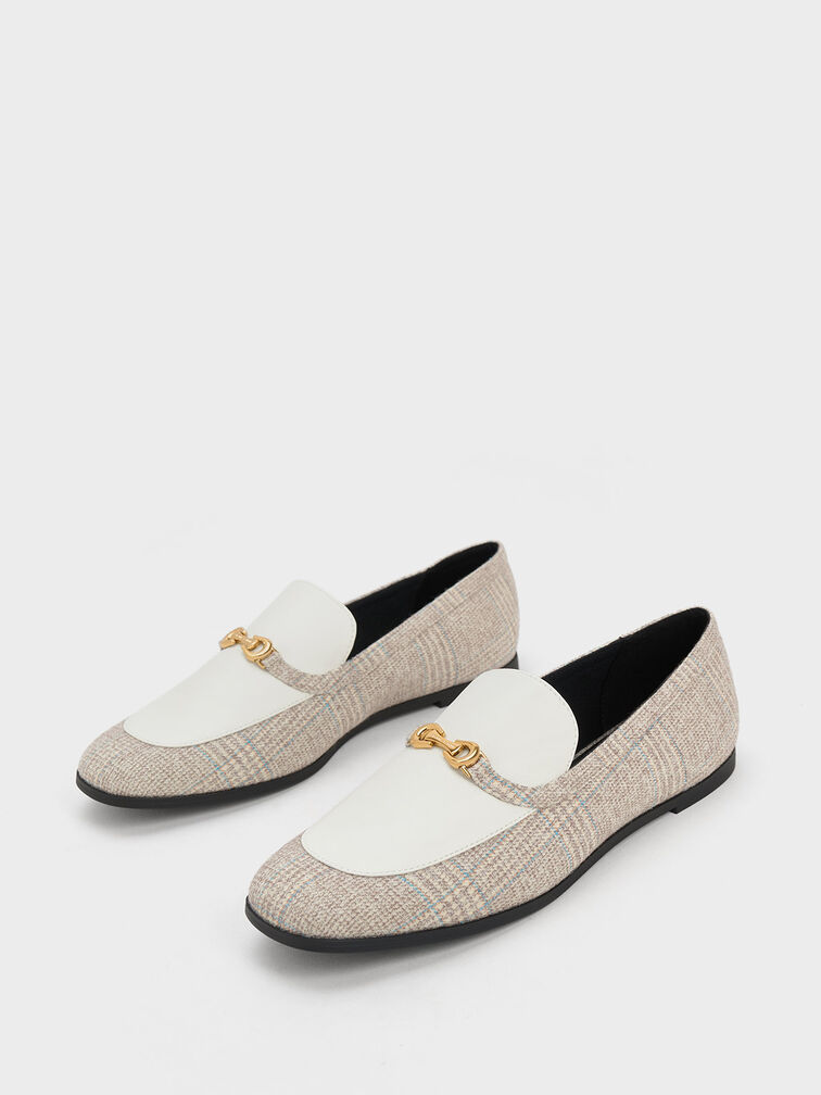 Metallic Accent Checkered Round-Toe Loafers, Grey, hi-res