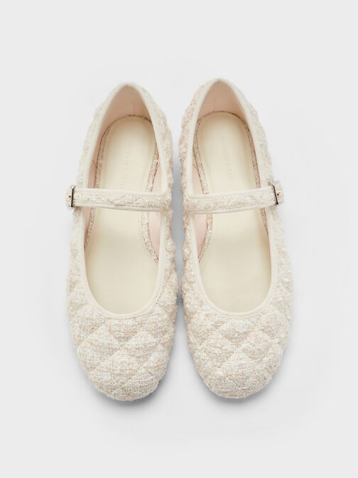 Carmel Tweed Quilted Mary Jane Flats, White, hi-res