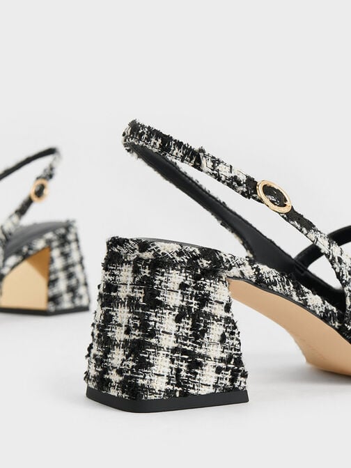 حذاء إيرين بكعب عالٍ وتصميم سلينجباك مفتوح الظهر من قماش تويد مزين باللؤلؤ, أسود خشن, hi-res