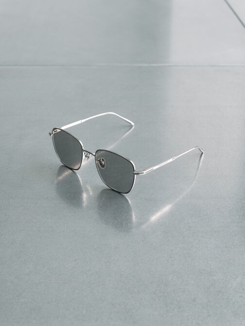 Delta Metallic-Rim Square Sunglasses, Silver, hi-res