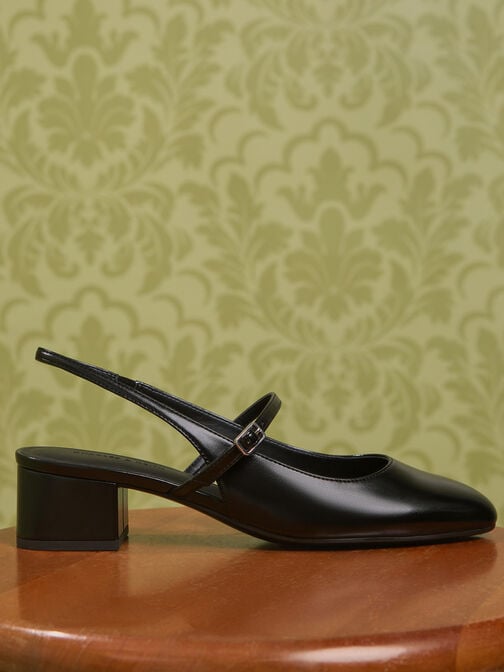 حذاء ماري جين بكعب عريض وحزام خلفي, أسود, hi-res