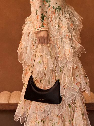 Satin Crystal-Embellished Chain-Handle Two-Way Bag, Black, hi-res