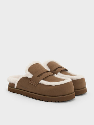 Recycled-Fur Flatform Mules, Brown, hi-res
