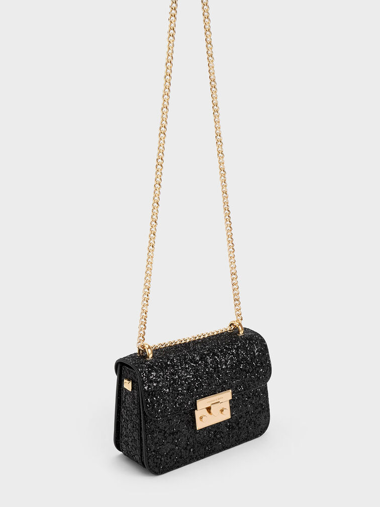 Alva Glittered Chain-Handle Bag, Black, hi-res