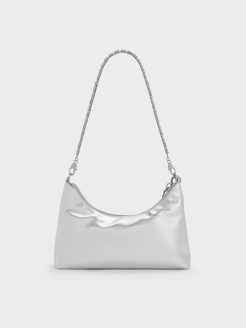 Metallic Crystal-Embellished Chain-Handle Two-Way Bag, Dusk Silver, hi-res