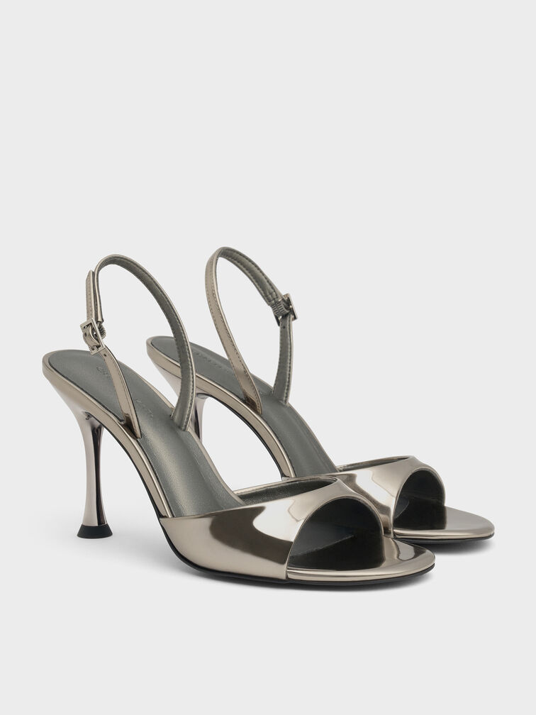 Metallic Sculptural-Heel Slingback Sandals, Pewter, hi-res