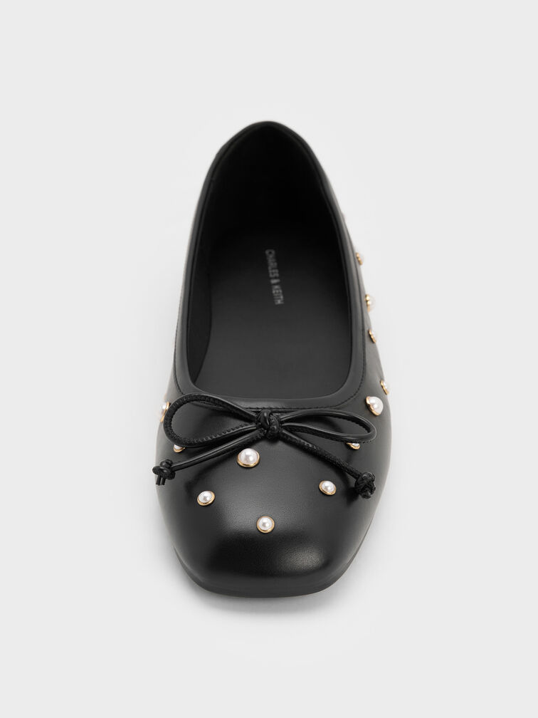 Barbara Pearl-Embellished Bow Ballet Flats, Black, hi-res