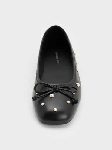 Barbara Pearl-Embellished Bow Ballet Flats, Black, hi-res