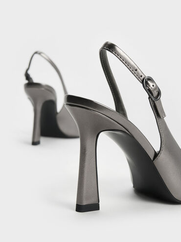 Metallic Trapeze Heel Slingback Pumps, Pewter, hi-res