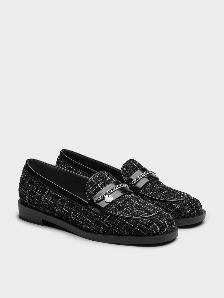 Tweed Braided-Chain Metallic-Accent Loafers, Black Textured, hi-res