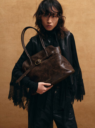 شنطة توت فيكتوريا مزينة بحزام, بني مطفي, hi-res