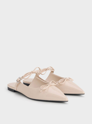 Patent Double-Bow Pointed-Toe Mules, Nude, hi-res