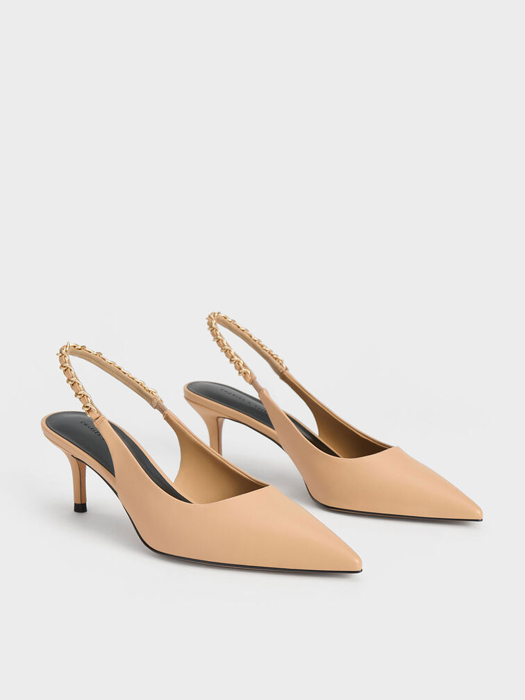 Braided-Chain Slingback Pumps, Beige, hi-res