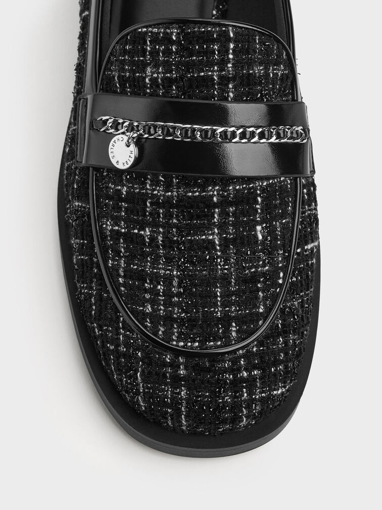 Tweed Braided-Chain Metallic-Accent Loafers, Black Textured, hi-res