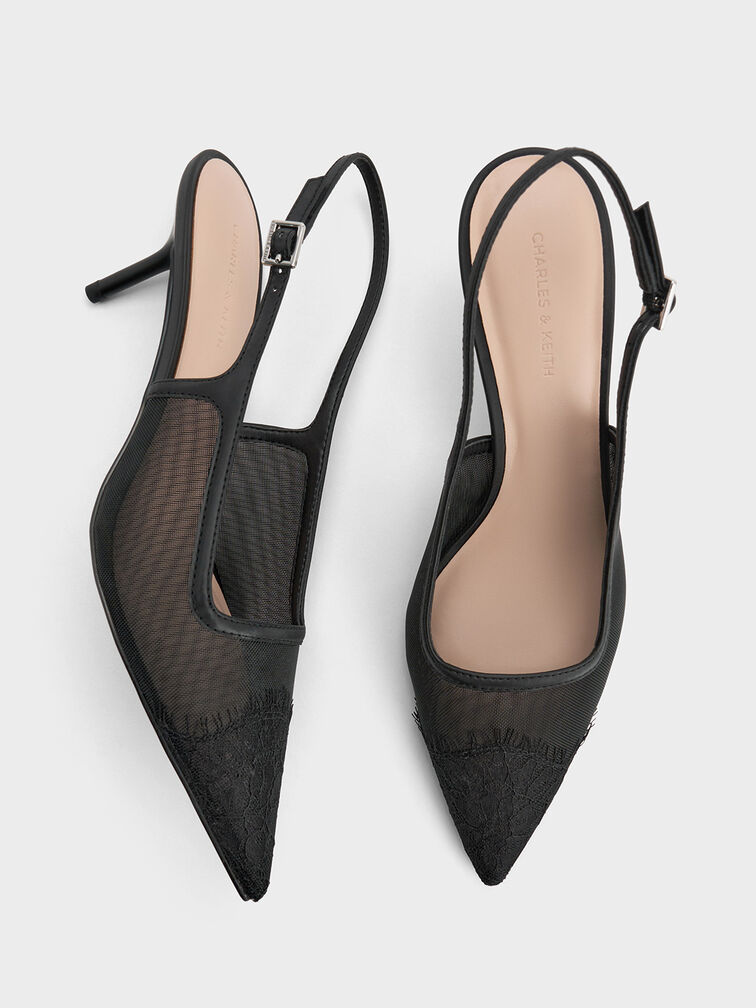 حذاء بامبس بكعب عالٍ سلينجباك مدبب من الشبك والدانتيل, أسود خشن, hi-res