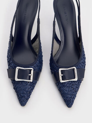 Anita Raffia Buckled Pointed-Toe Slingback Pumps, Dark Blue, hi-res