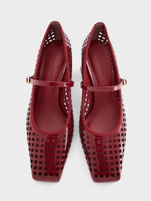 حذاء ماري جين بفتحات من الجلد اللامع بمقدمة مربعة وكعب مربع, أحمر, hi-res