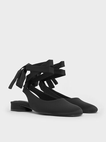حذاء باليرينا من الساتان بدون كعب مع شريط ملفوف حول الكاحل, أسود خشن, hi-res