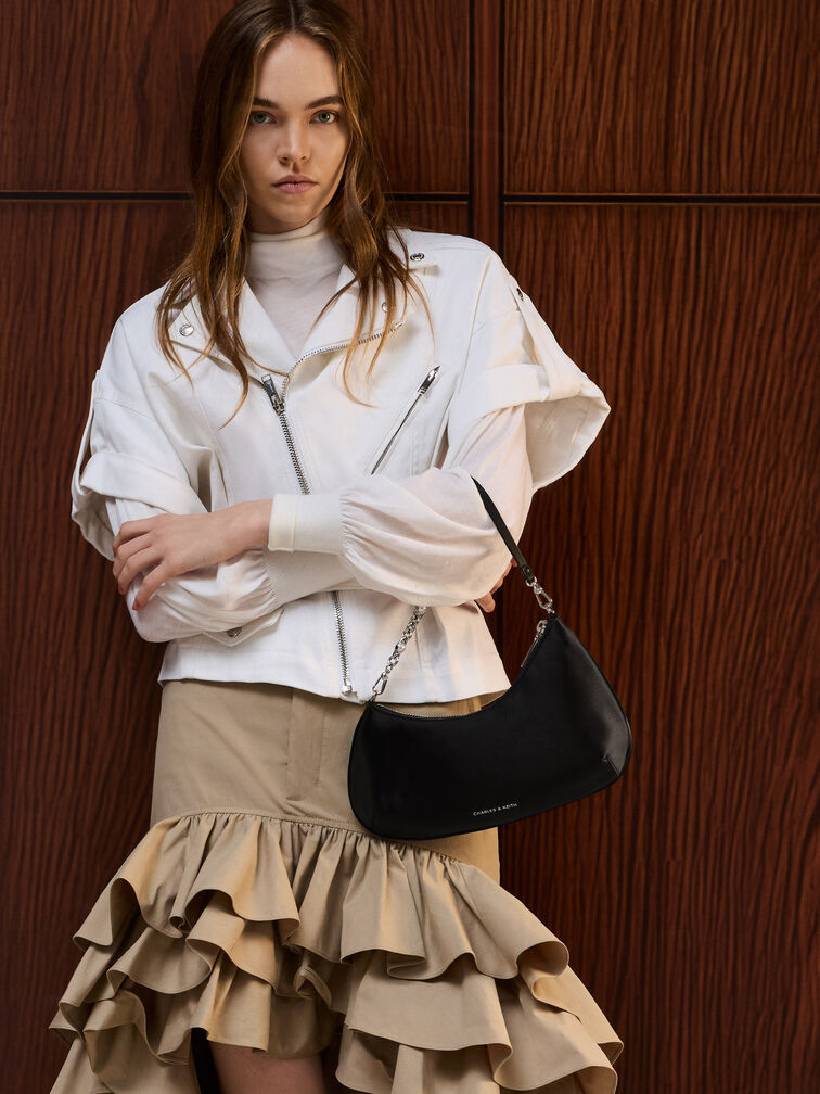 شنطة كتف ديون ساتان بحمالة سلسلة, أسود كلاسيكي, hi-res