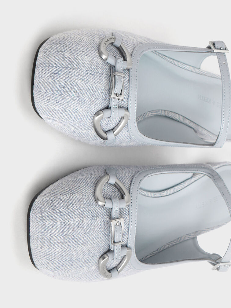 Woven Fabric Metallic-Accent Flat Mules, Light Blue, hi-res