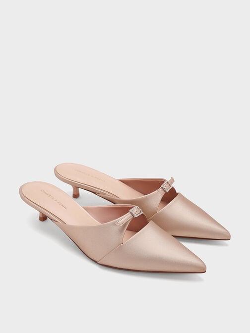 Crystal-Buckle Pointed-Toe Kitten-Heel Mules, Nude, hi-res