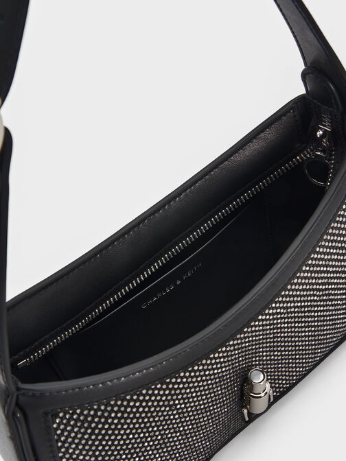 Cesia Satin Crystal-Embellished Metallic-Accent Shoulder Bag, Lustrous Noir, hi-res