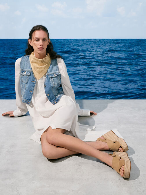 Faux Suede Crossover Espadrille Wedges, Sand, hi-res