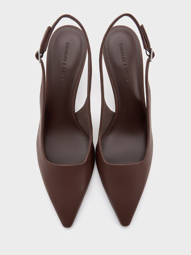 Pointed-Toe Kitten-Heel Slingback Pumps, Dark Brown, hi-res