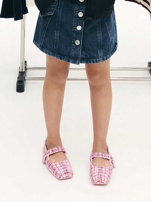 Girls' Tweed Crystal-Buckle Mary Jane Flats, Pink, hi-res