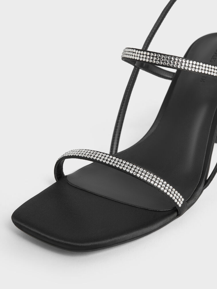 Arona Satin Crystal-Embellished Stiletto-Heel Sandals, Black Textured, hi-res