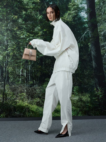 حقيبة ساتان بمقبض علوي وحزام وإبزيم كريستالي, نود خوخي دافئ, hi-res