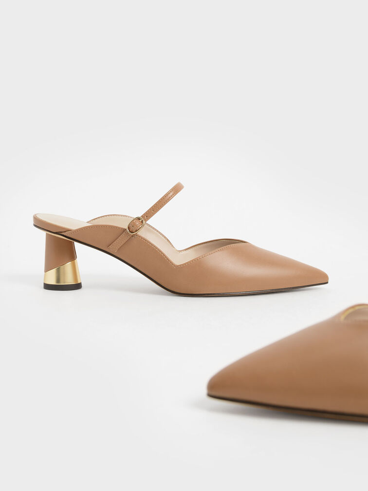 Cammie Metallic Sculptural Heel Mules, Camel, hi-res