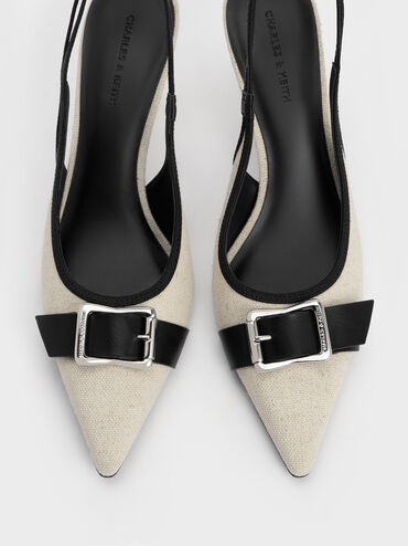 Anita Linen Buckled Pointed-Toe Slingback Pumps, Chalk, hi-res