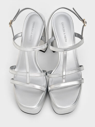 صندل بنعل سميك وشريط على شكل حرف T ببريق معدني لامع, فضي, hi-res