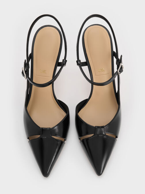 Leather Cut-Out Pointed-Toe Blade-Heel Pumps, Black, hi-res