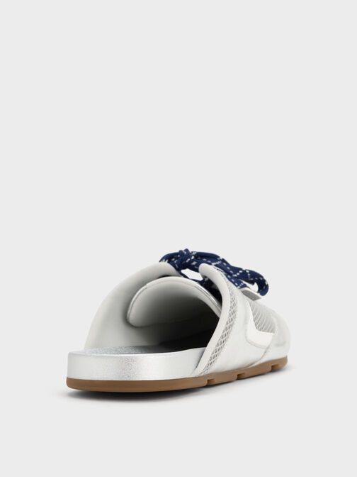 حذاء رياضي بتصميم سهل الارتداء من الدانتيل بتصميم شبكي بلون معدني مزخرف بأربطة منقوشة, فضي, hi-res