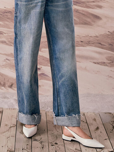 حذاء بدون كعب بمقدمة مدببة وتصميم سلينجباك مفتوح الظهر وحافة علوية تغطي مشط القدم, أبيض, hi-res