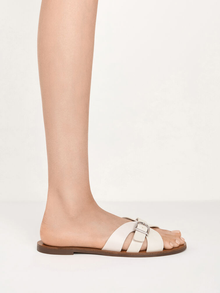 Belted Slide Sandals, White, hi-res