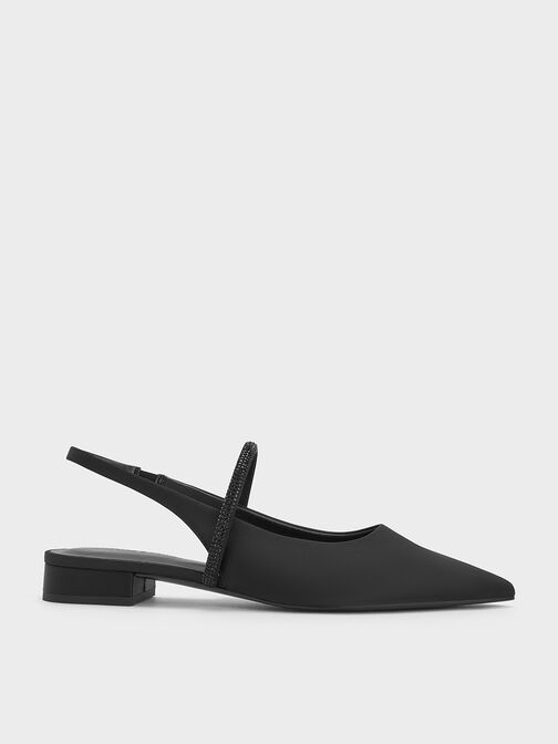 Satin Crystal-Strap Pointed-Toe Slingback Flats, Black Textured, hi-res