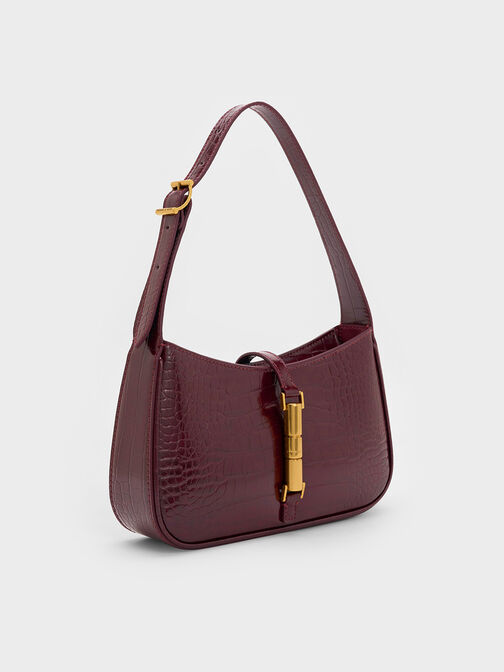 Cesia Croc-Effect Metallic-Accent Shoulder Bag, Burgundy, hi-res