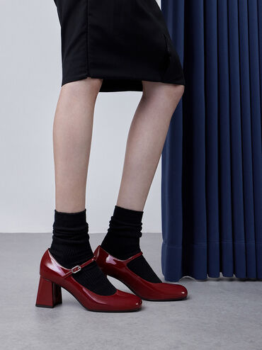 Patent Block-Heel Mary Jane Pumps, Maroon, hi-res