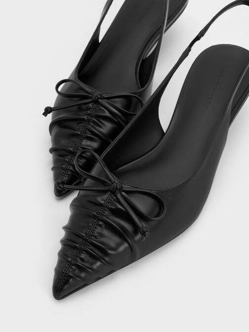 Ruched Bow Slingback Kitten Heels, Black, hi-res