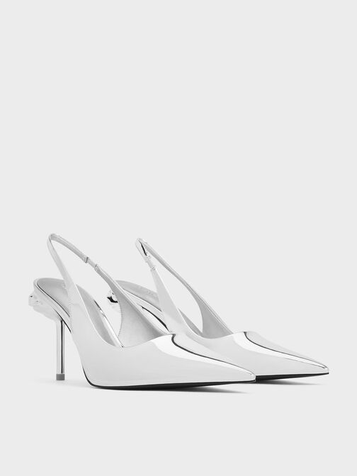 حذاء ميتاليك بكعب وحزام خلفي, فضي, hi-res