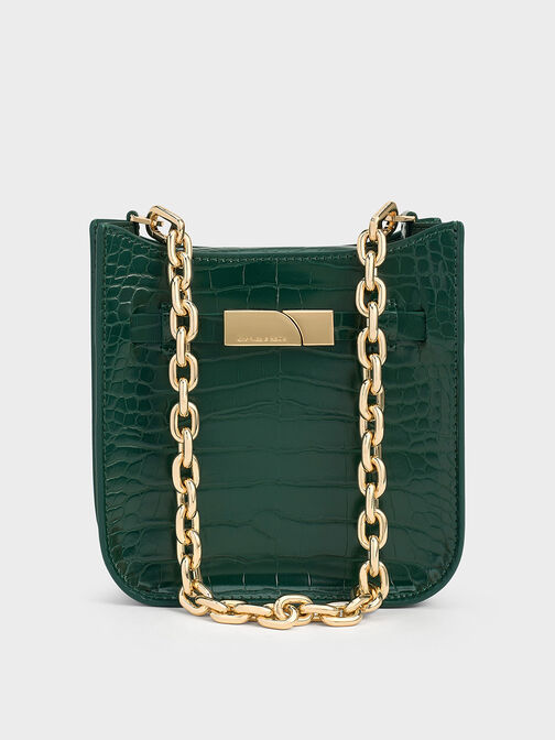 Aurelia Croc-Effect Metallic-Accent Crossbody Bag, Dark Green, hi-res