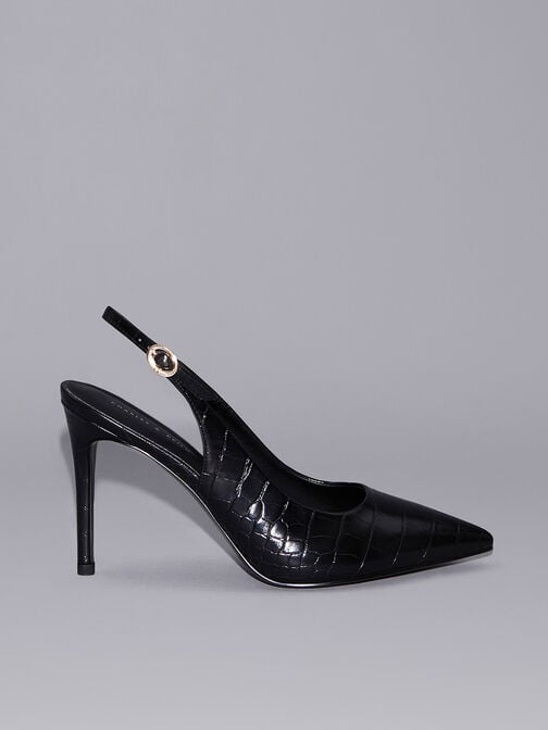 حذاء بكعب ستيليتو مفتوح من الخلف بحزام كاحل ونقشة جلد التمساح, أسود حيواني, hi-res